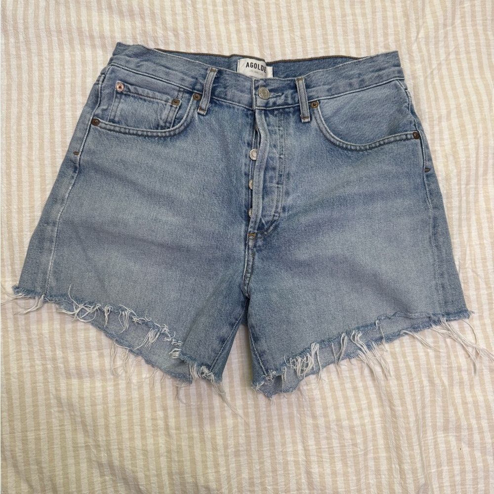 Agolde Blue Jean Shorts with Raw Hem and High-Rise Fit